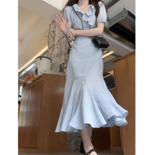 無品牌法式裙子夏季初戀時(shí)尚溫柔短袖連衣裙長(zhǎng)裙2023新款女裝衣服批發(fā)